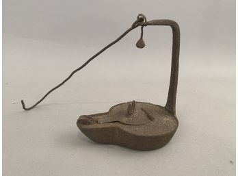 Antique Iron Betty Lamp With Hinged Lid And Iron Hook
