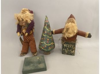 Two Handcrafted Santas With Christmas Tree Painted Oil Cloth