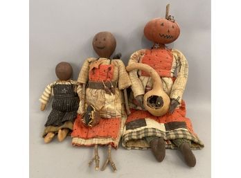 Three Halloween Handcrafted Pumpkin Head Dolls
