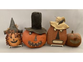 4 Hand Made Pumpkins Including Fabric And Painted Oil Cloth
