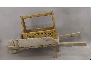 Two Garden Items Toy Wooden Wheel Barrel And Harvest Thyme Toolbox