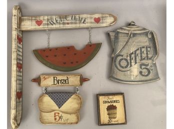 Four Antique Style Signs Including Bread, Coffee, Watermelon And Strawberries