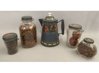 Five Pieces Country Kitchen Toll Ware And Glass Jars, Paint Decorated