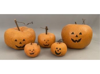 4 Handmade Halloween Pumpkins With Painted Faces