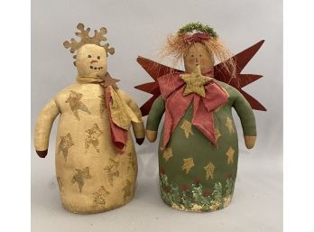 2 Handcrafted Painted Oil Cloth Dolls, One Angel, One Snowman?