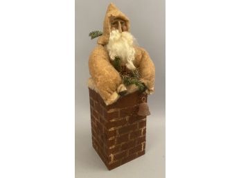 Santa Coming Out Of Chimney W Wooden Painted Face