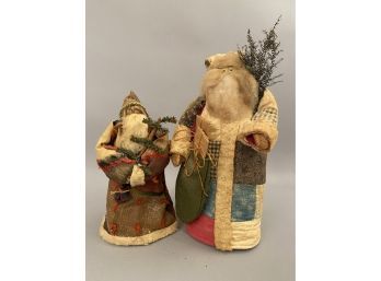 Two Handmade Santas Wearing Quilted Clothing Kathleen Lombardi And Cindi
