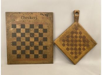 Two Antique Style Checkerboards One With Checkers Written Over Top