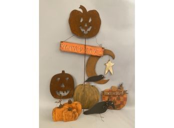 Eight Handcrafted Halloween Items Two Metal Pumpkins, Pumpkin Signs, Etc