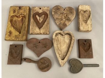 Ten Reproduction Heart Shaped Cookie Moles Mostly Carved Wood