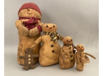 5 Jennifer Schneeman Stuffed Figures. Four Snowman One Gingerbread Man
