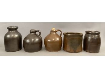 Five Pieces Antique Brownware, Two Jugs, Covered Jar