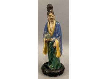 Ceramic Statue Of Woman In Blue And Green Kimono