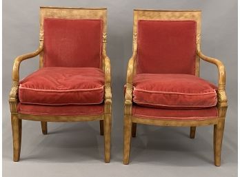 Pair Upholstered Arm Chairs With Dolphin Head And Dolphin Tail Arm Supports