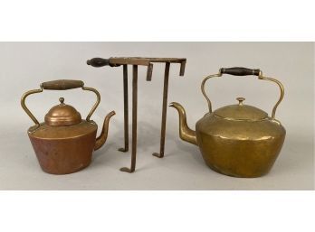 3 Pcs 19 Century Cooking Copper Tea Pot, Brass Tea Kettle, Trivet