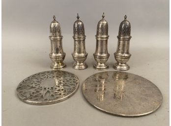 Sterling Silver Salt And Pepper Shakers, Trivets