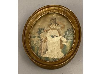 Antique Silk Needlepoint Of Lady In White Dress W Fruit Basket