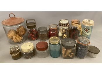 14 Glass Covered Canisters, Canning Jars Ball, Mason, Atlas