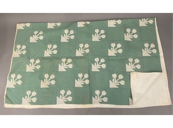 57 Green And White Quilt With Floral Design