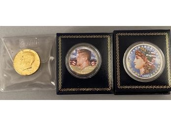 Painted Morgan Dollar And Kennedy Half Dollar. With Gold Plated Kennedy Half