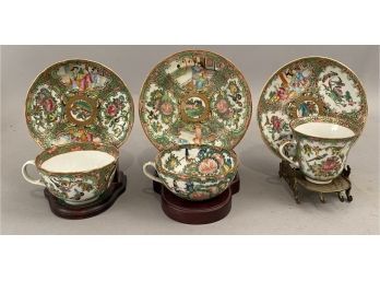 3 Chinese Rose Medallion Cups And Saucers On  Stands