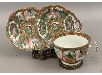 Chinese Rose Medallion Cup, Double Saucer On Stand