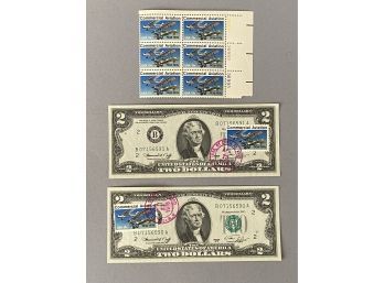Lot Commercial Aviation Commemorative 2 Dollar Bills Plus Block Of Six Stamps 1976