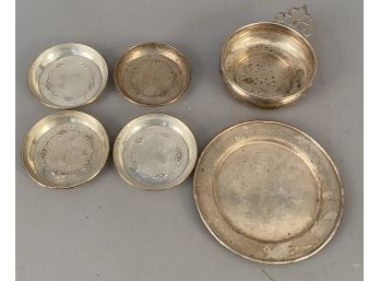 6 Pcs Sterling Silver  Porringer, Set Of 4 Coasters, 1 Plate