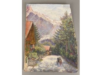 Vintage Watercolor On Paper Horse And Cart, Houses, Mountain Delvald?