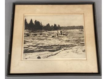Etching By Norman Wilkinson, Men Fishing In River, Signed