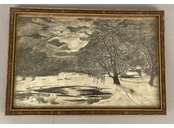 Black And White Pond With Trees And Barn Signed 'willard 1936'?