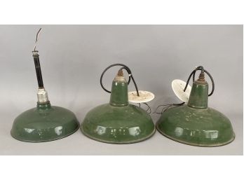 3 Vintage Green Porcelain Hanging Lamps