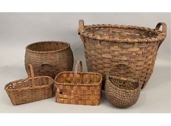 5 Antique Baskets, Splint, Native American, Etc (As Found)