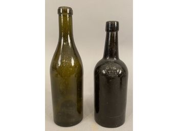 2 Antique Dark Green Bottles, Crown