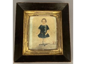 Child With Pull Toy Small Folk Art Antique Watercolor On Paper