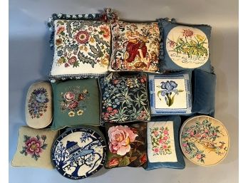 Lot Of 13 Needlepoint And Cruel Embroidery Throw Pillows