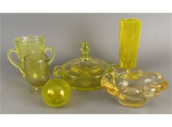 Six Pieces Of Vaseline Glass