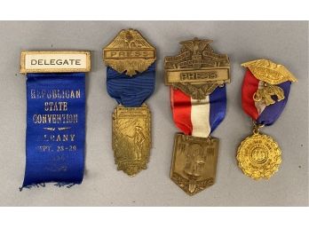 Three Vintage Republican National Convention Press Badges And One Delegate