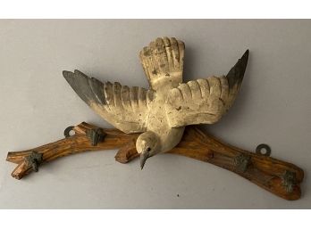 Antique Carved Wooden Key Rack With Bird On Branch