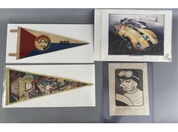 Four Cuba Automobile Related Pieces, Watercolor And Pennants