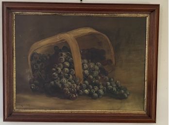 Oil On Canvas Still Life Basket With Grapes Signed