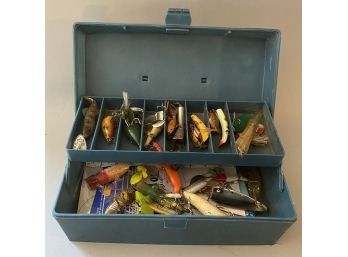 Vintage Fishing Tackle Box With Assorted Hooks And Lures