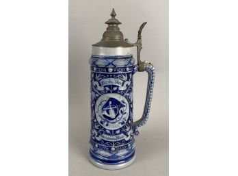 Large Blue And White Decorated 2L Beer Stein With Pewter Lid