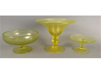 Three Vaseline Glass Footed Bowls