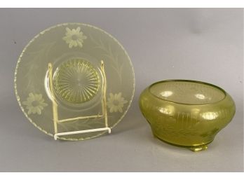 Matching Vaseline Glass Plate And Bowl