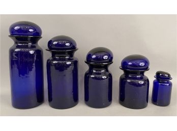 Set Of Five Vintage Cobalt Blue Jars