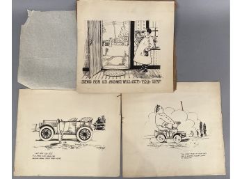 Three Original Automobile Related Drawings By Syd Turner
