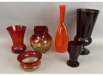 Six Pieces Of Vintage Glass Including Amethyst, Cranberry And Amberina