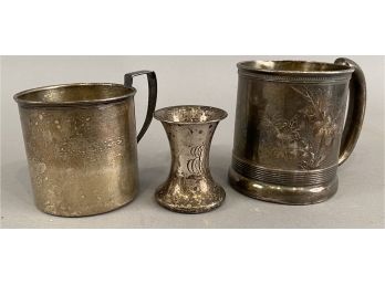 Two Sterling Silver Mugs With Miniature Sterling Silver Vase
