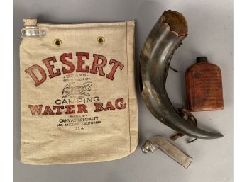 Four Miscellaneous Items, Animal Horn, Waterbag, Flask
